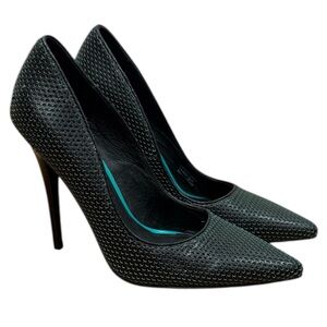 L.A.M.B. Bee Pump Heels 8.5 M Perforated Mesh Leather‎ Black Green Point Toe